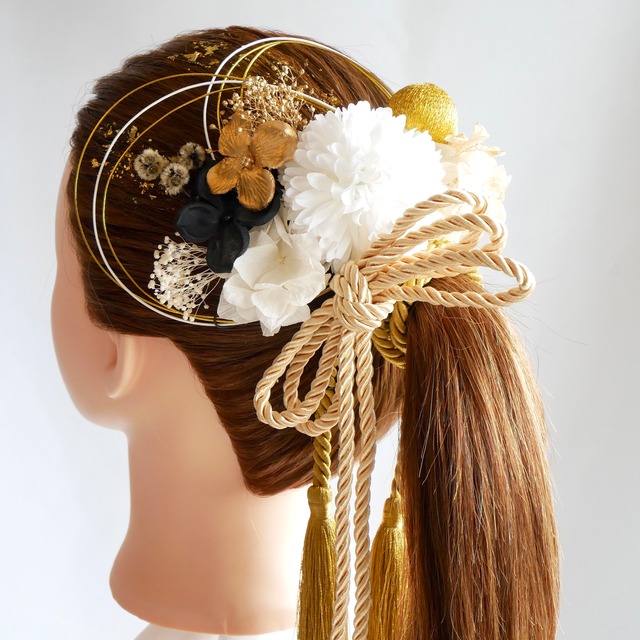 F4  白ゴールド　タッセル　組紐　ドライフラワー　ポニーテール　髪飾り 成人式　卒業式　振袖　結婚式　和装