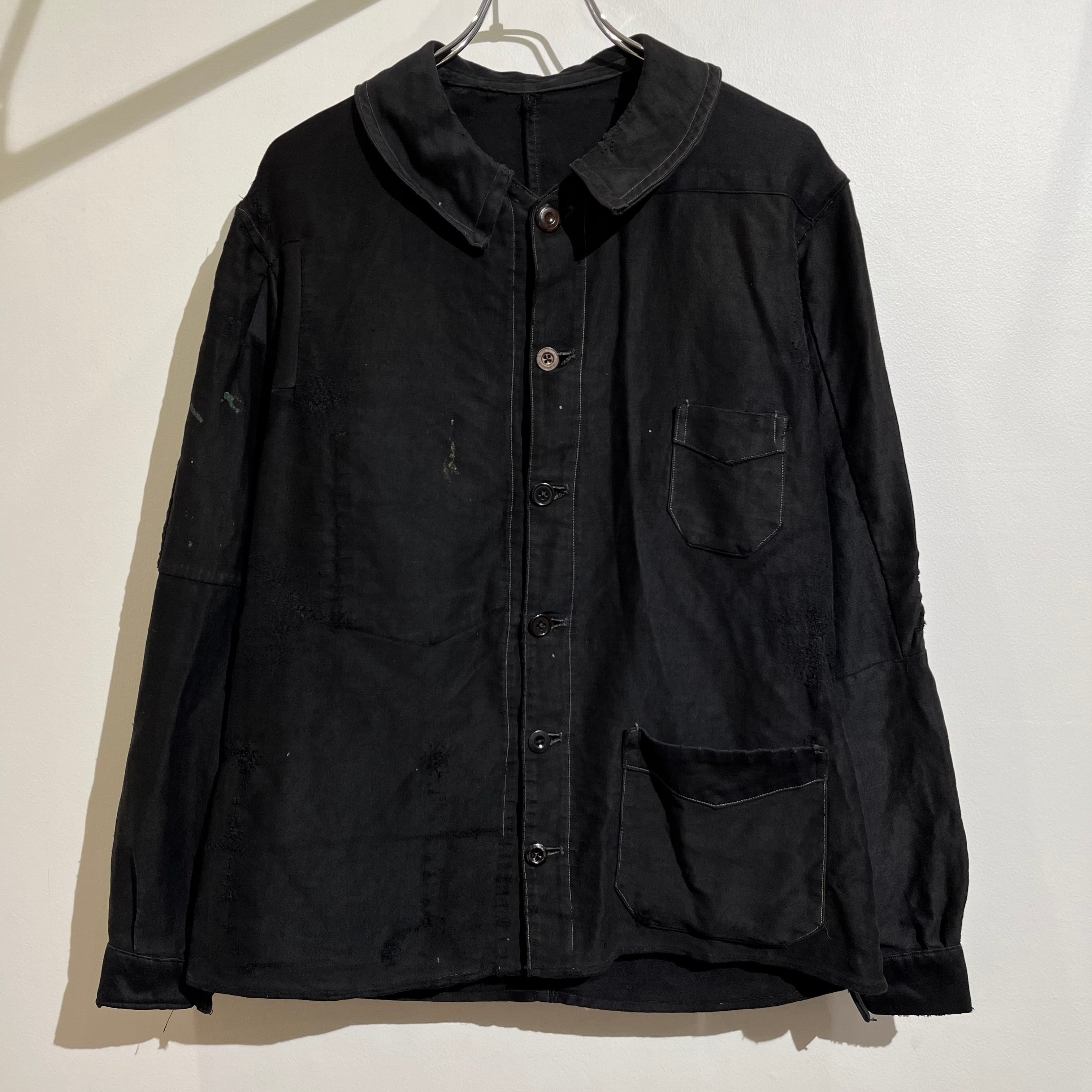 40s French Work Black Mole Skin Jacket 40年代 フレンチワーク ブラック モールスキンジャケット カバーオール  Vポケ