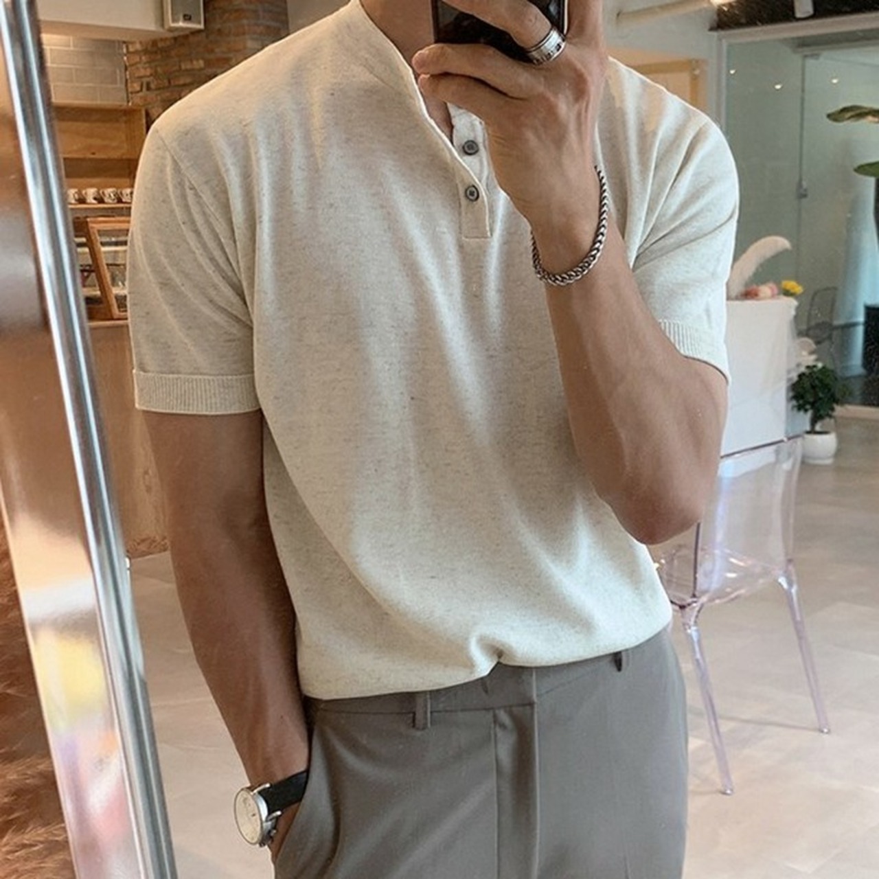 ヘンリーネックニットTシャツ　MT0080234