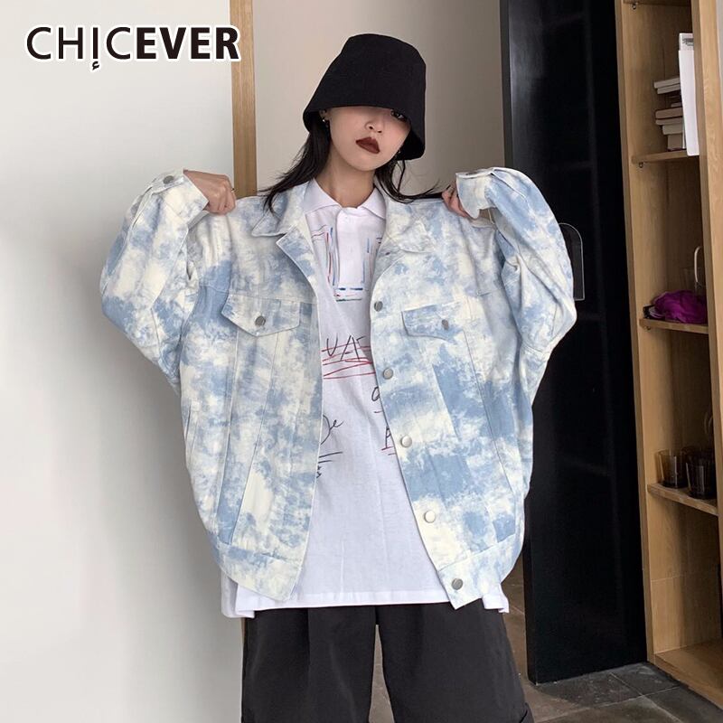 CHICEVERデニムジャケットレディースラペルカラー長袖プリントヒットカラールーズコート2020夏 ロング サマー 夏物 6base517424398979