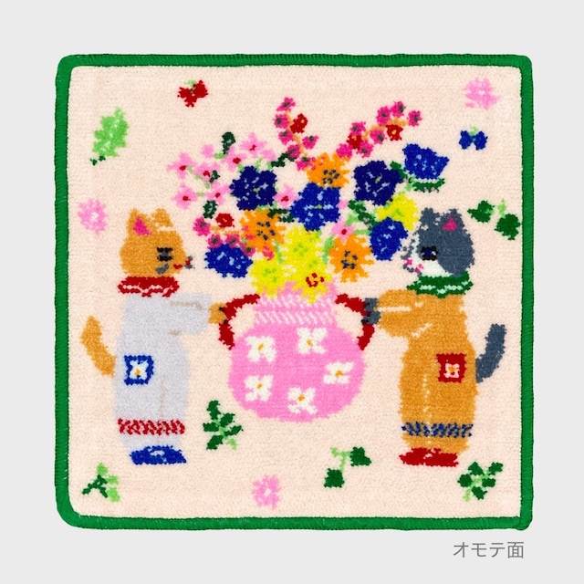 bpbp x 布川愛子 シェニール織ハンカチ /  猫たちと花瓶 20x20cm 綿100% 日本製 BPAF002