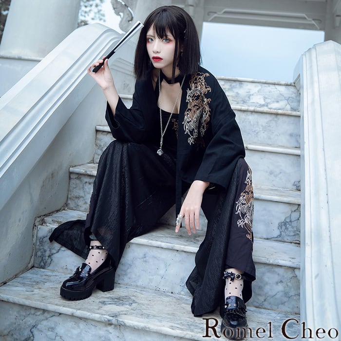 【お支払い確認後20日以内発送】RomelCheo レイヤード風双龍刺繍ワイドパンツ ワイドレッグパンツ ボリュームパンツ ガウチョ スカンツ スカーチョ アジアン エスニック 個性的 民族風 和風 メンズ レディース ユニセックス モード系 ストリート 原宿系 青文字系 ファッション ロメルチェオ