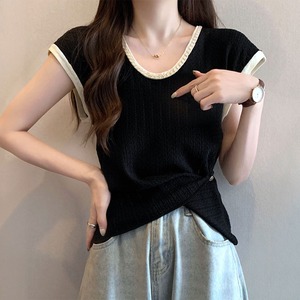 フレンチスリーブ Tシャツ レディース 韓国 春夏 トップス 大人 かわいい おしゃれ カジュアル レイヤード 重ね着 インナー 配色 ニット ニットソー 大人可愛い 大人女子