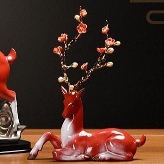鹿 シカ トナカイ 風水グッズ 花 レッド 赤 富 繁栄 樹脂素材 玄関