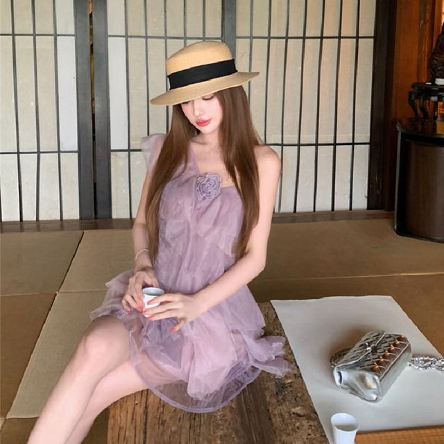 2colors ワンピース ワンショルダー スウィート ミニ丈 ブルー パープル S M L