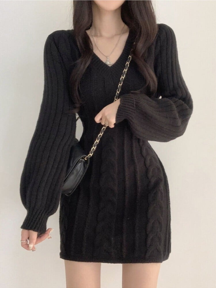 バブルスリーブ ケーブル編みミニニットワンピース | Lily Boutique