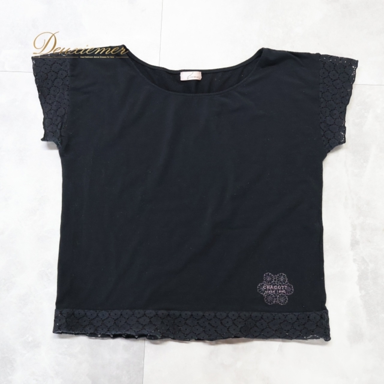 社交ダンス 衣装 トップス Tシャツ ブラック系 チャコット Chacott 日本製 黒 練習 レッスン 伸縮 ストレッチ レース バレエ かわいい ダンス衣装