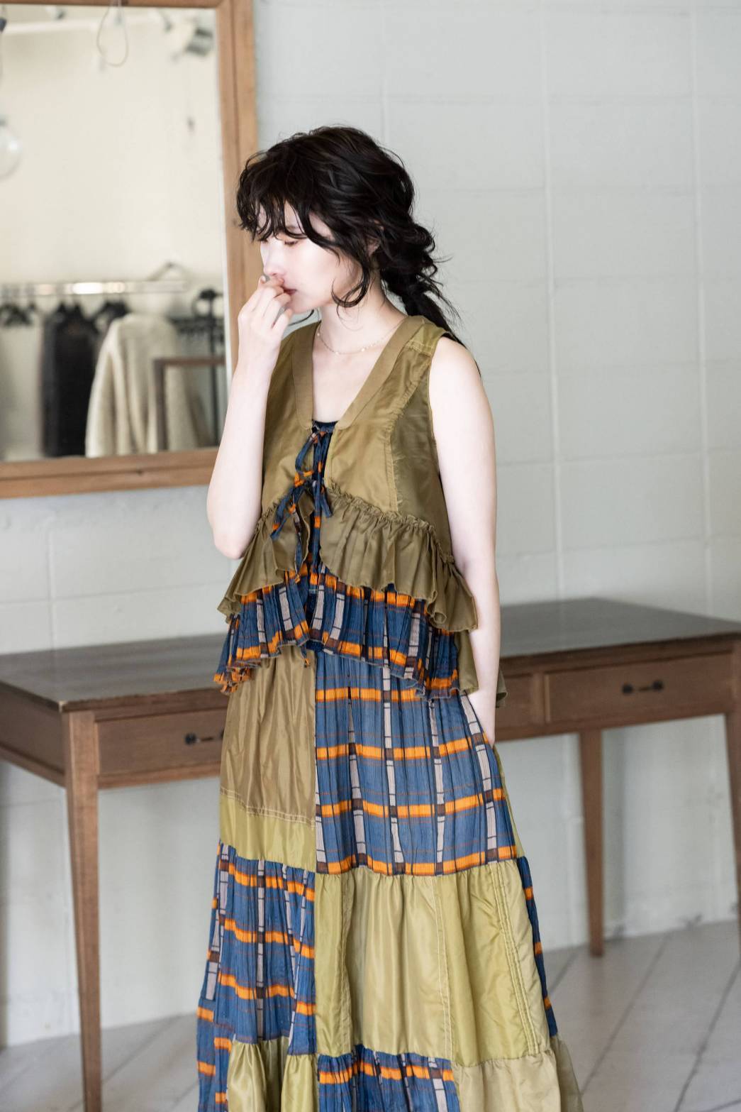 REHERSALL リハーズオール リネン フリンジベスト ジレ フリーサイズ パラシュートBRNフリルベスト【リハーズオール】parachute frill vest