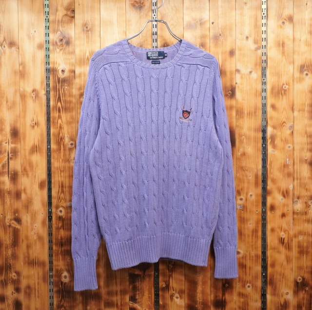 90s ralphlauren コットン ケーブルニット セーター M/ラルフローレン 紫 パープル