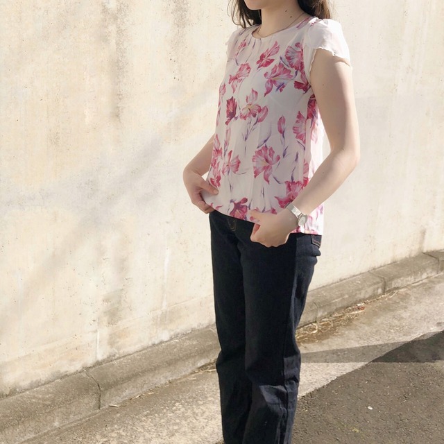 2重袖が可愛い 涼しく着る 花柄シアーブラウス｜イエロー｜画像7