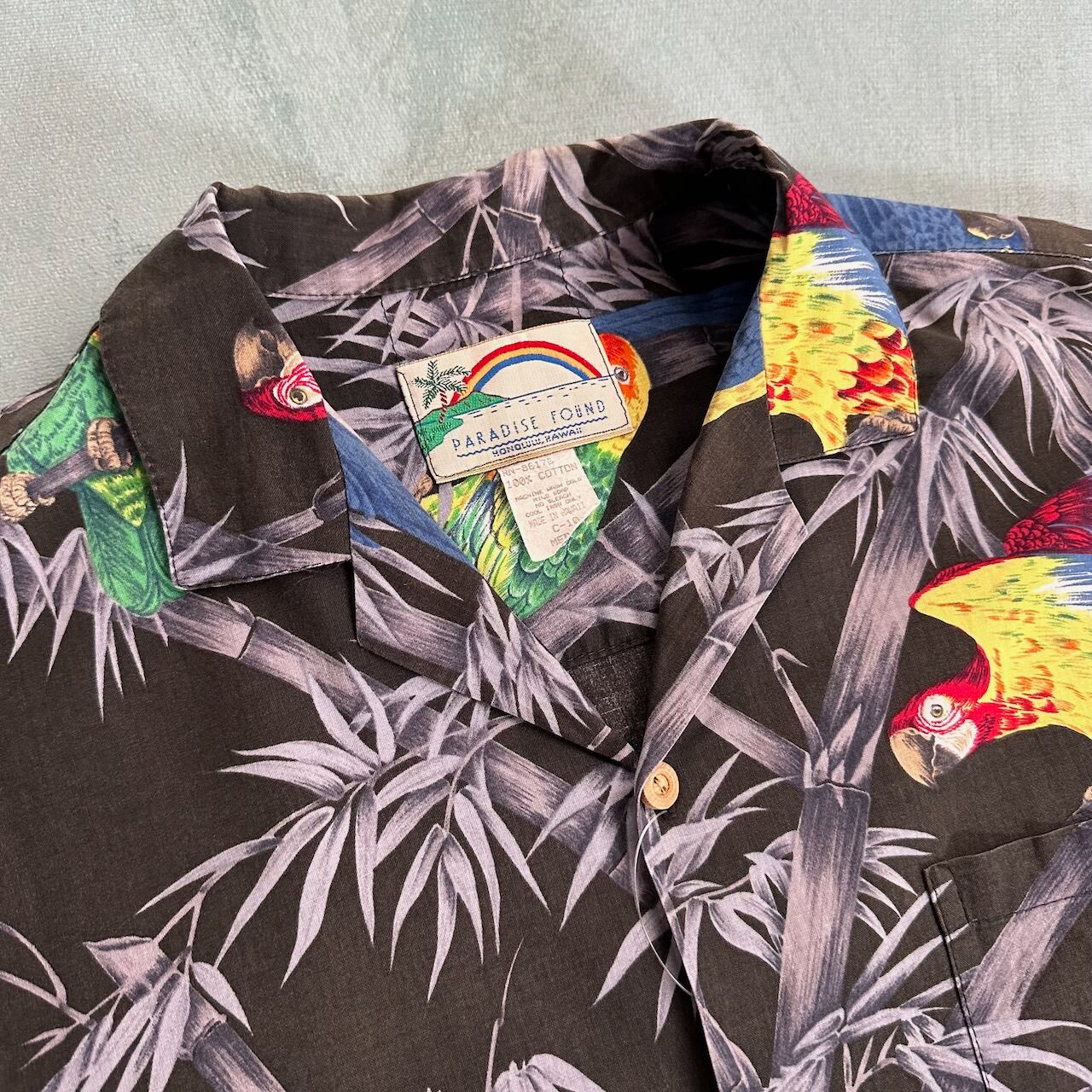 90s ハワイ製 インコ 鳥 アロハシャツ 半袖シャツ 黒 M 古着 | RUFFY