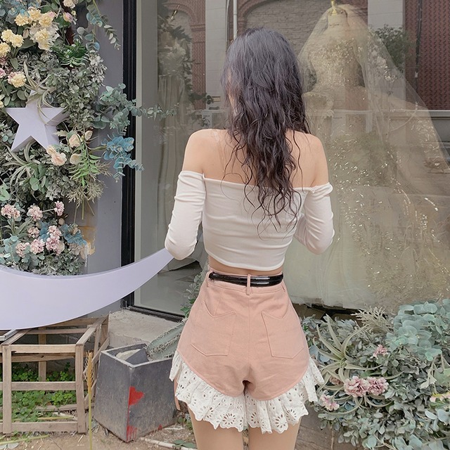 ショートパンツ レースアップ フリル ワイド ブラック ピンク ホワイト ブルー ハイウエスト ガーリー おしゃれ かわいい 韓国 韓国ファッション オルチャン オルチャンファッション P1360 Korean Select 韓国ファッション オルチャンファッション