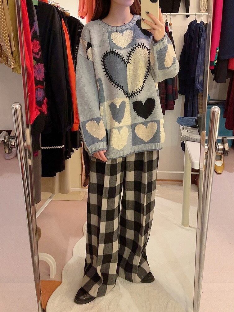 block check wool wide pants