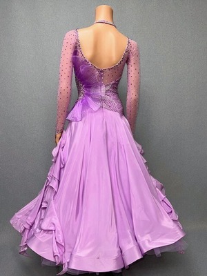 【新着】社交ダンス ドレス　スタンダード　モダンドレス　ラベンダー（フリル）　M　ST-24-2　デモ・競技用ドレス　発表会衣装　パーティドレス　ワンピース　舞台衣装