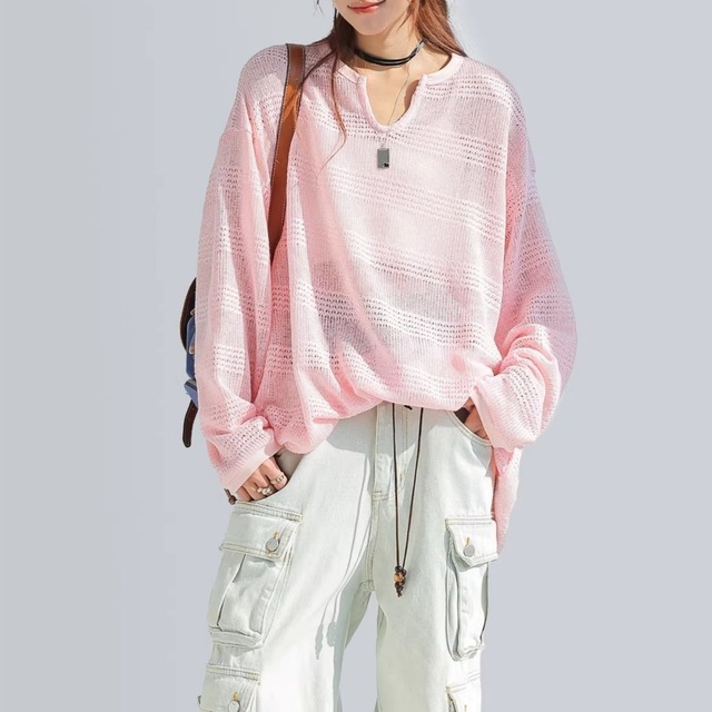 ボーダーメッシュルーズフィットキーネックニット 4col   R01859