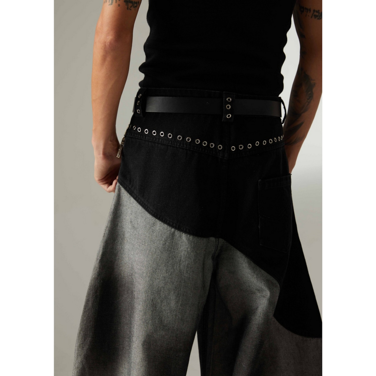 ストリート 黒灰パッチワーク デニムパンツ P353