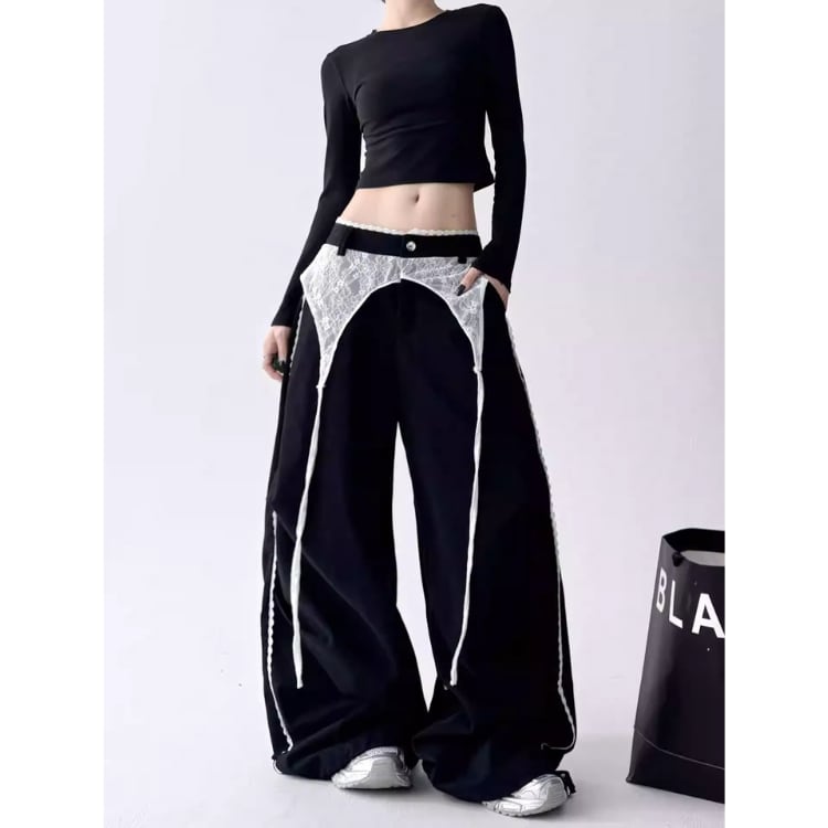 レース インサート ワイドレッグ フルレングス パンツ ◆2col L00104