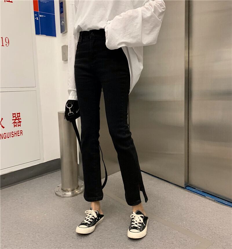 -ウエストジーンズレディース2020春の新スタイルパンツ、スプリットエンド、薄いズボンオールマッチスリムフィットパンツ クレセントシティ51350168927