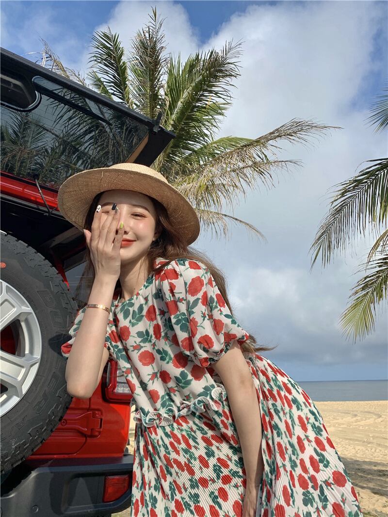 フローラルドレス スタンダードプリーツショートスカート サマースタイル レトロ 夏物 花柄 ブラックストロベリース61456529071