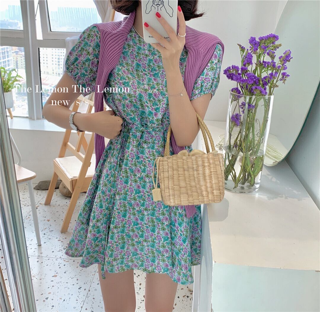 ショートフローラルドレス サマールーズ薄手ラウンドネックAラインスカート 夏物 花柄 Oネック ビッグFスモールZ韓国53484492606