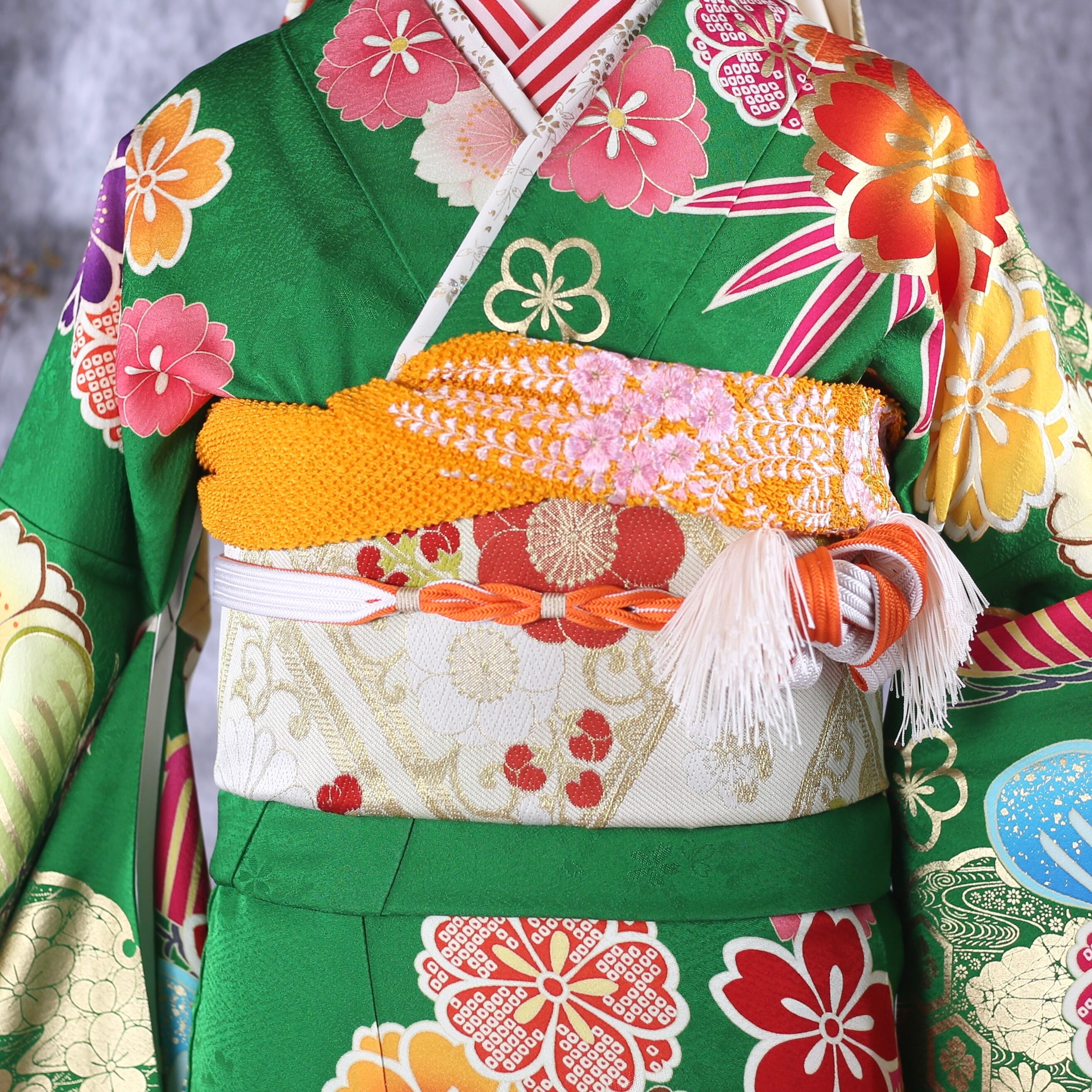 【人気商品!】 晴れ着 着物 成人式 美品 緑×レトロ Lサイズ 振袖 振袖セット 振袖フルセット 6点セット Prier Petal by WA | KFN-86 着物・浴衣
