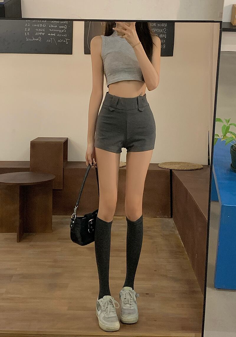 ブラックパンツ サマーハイウェストウェストスリムショーツ カジュアル 夏物 ブルマー ブラックストロベリース17084078883