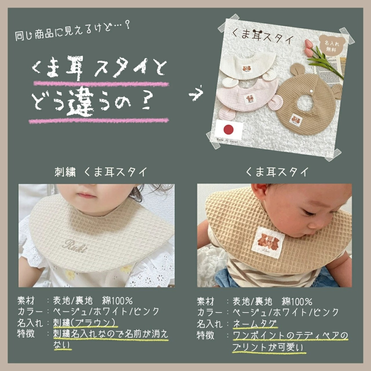 刺繍名入れ くま耳 スタイ 名入れスタイ Bear 名入れ無料 出産祝い 1歳誕生日 出産祝いギフト お誕生日 1歳 男の子 女の子 サーマル ワッフル ワッフル生地 くま 耳付き 内祝い ギフト プレゼント お祝い 内祝い 誕生日祝い かわいい 双子