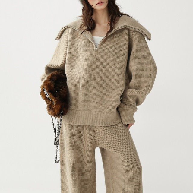 ハーフジップワッフルニットプルオーバー 2color [am03579]