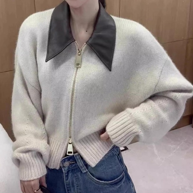 Fake leather collar cardigan 3 colors　V2697