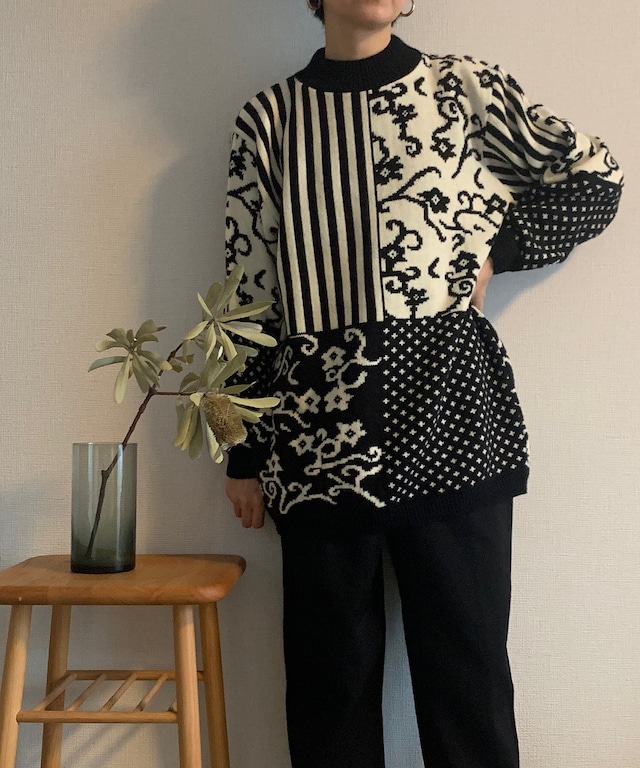 【送料無料】90's White Polka dots/Stripe/Floral Knit/Made in USA (UNSEX)