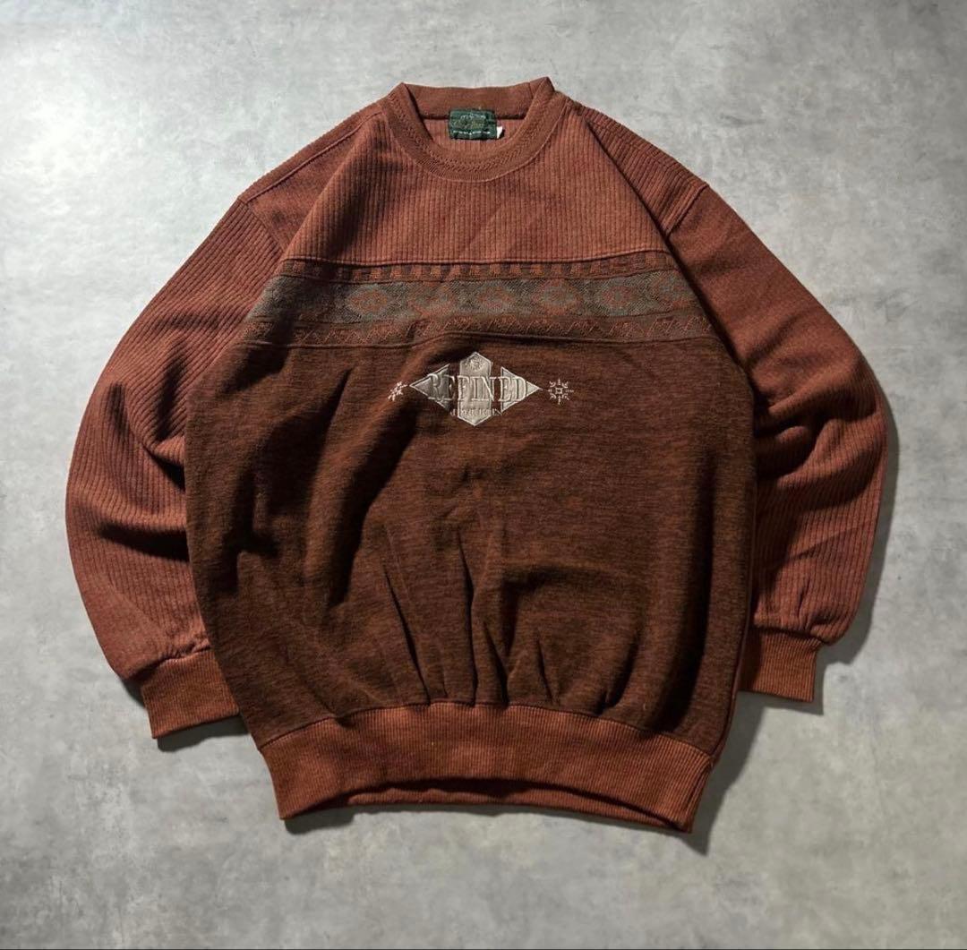 ヴィンテージ REFINED スウェット 茶 リブ 民族調 古着 刺繍デザイン