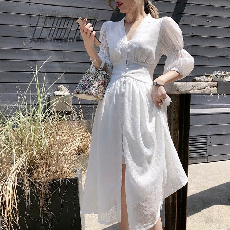 Vネック前ボタンパフスリーブワンピース ホワイトワンピース | LILIANA
