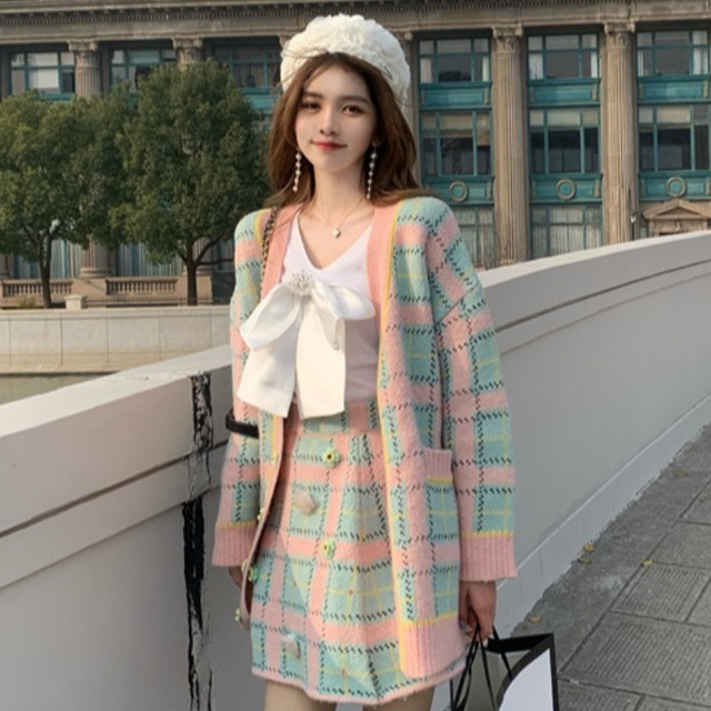 格子柄セーター レディースウィンターカーディガンジャケット リボンシャツ スカート 冬物 YY-ファッション48931323297