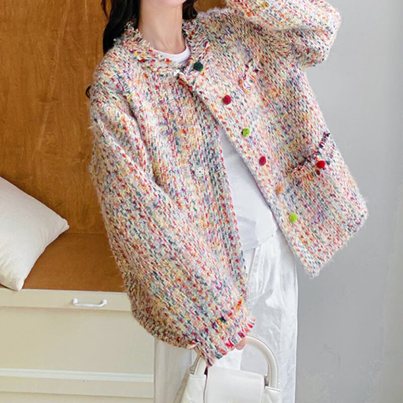 Multicolor Fringe Tweed Collarless Jacket S0315