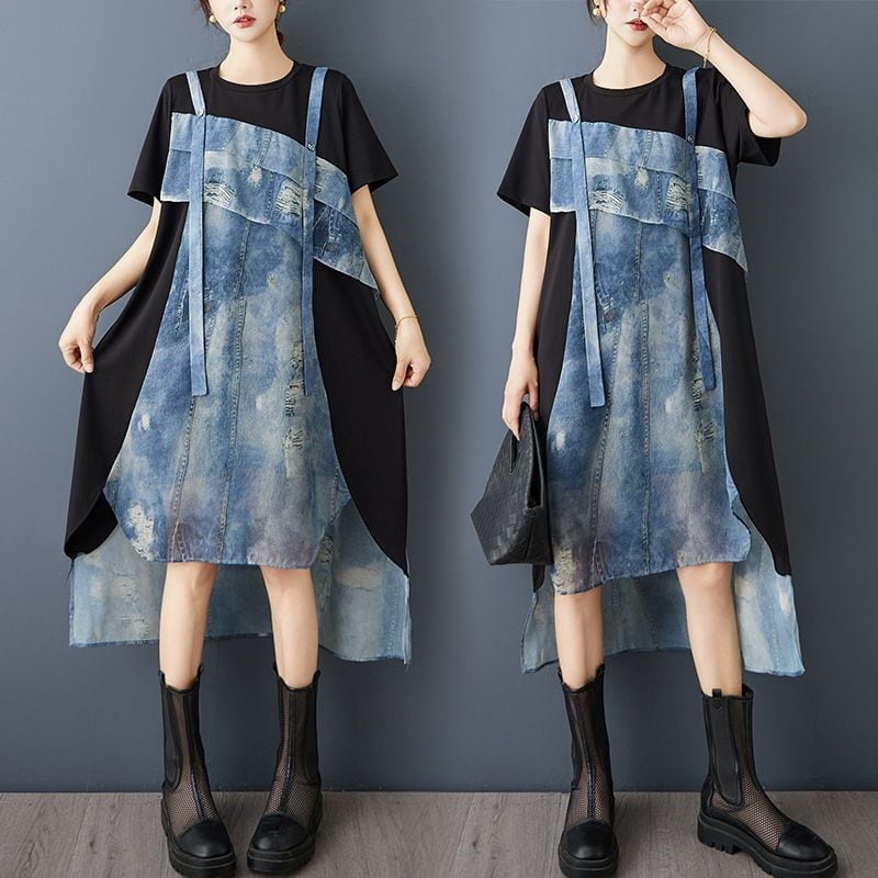 VINTAGE PRINT PANEL FAUX LAYERED MIDI DRESS M-17778