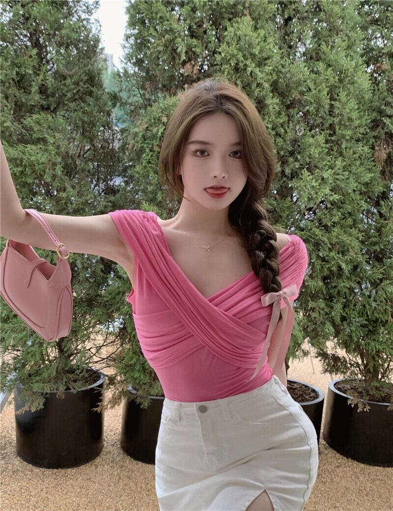 Tシャツ サマークロスVネックショート薄手トップス ピンク 夏物 ブラックストロベリース12063894038