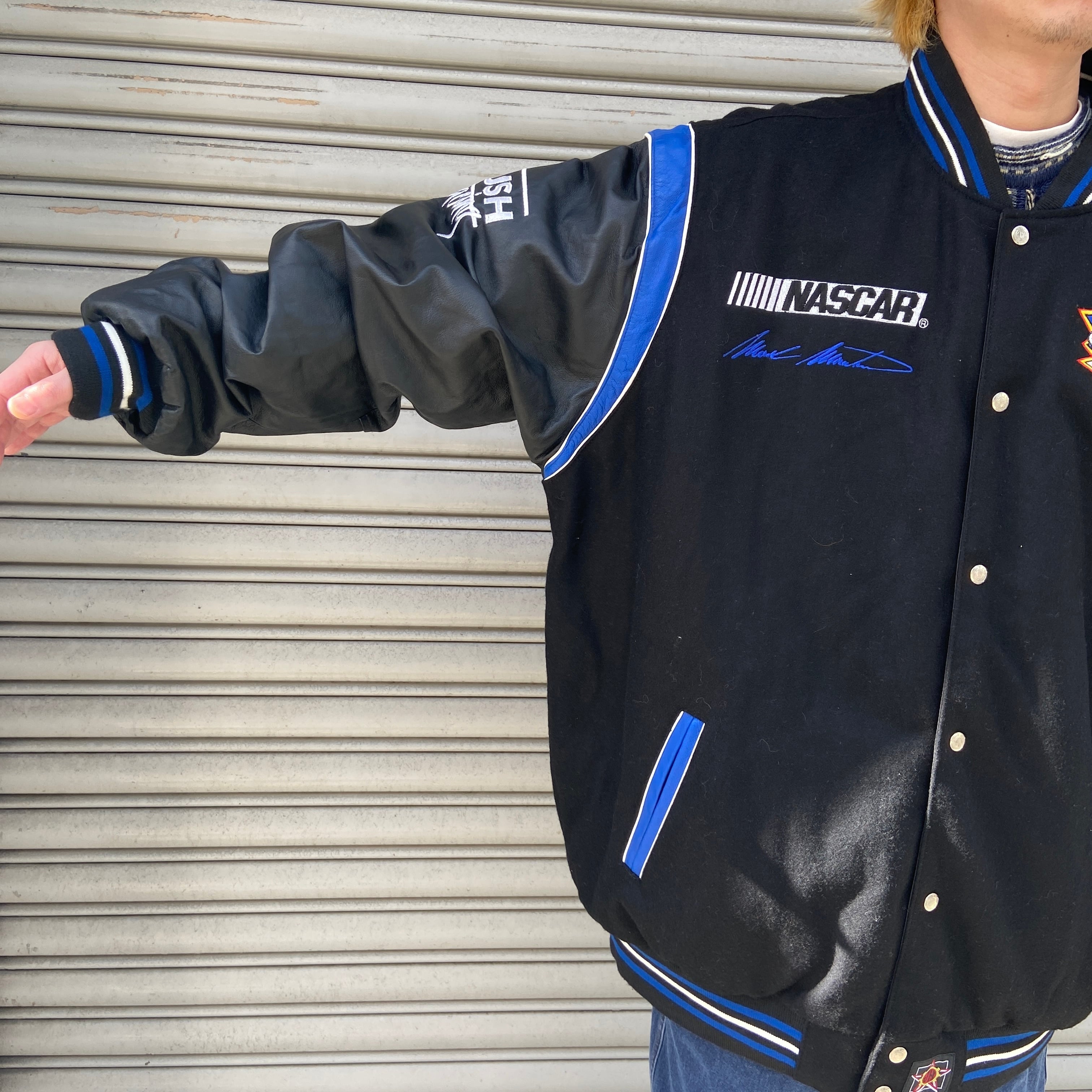 送料無料』90s レーシングジャケット リバーシブル 袖レザー4XL 黒