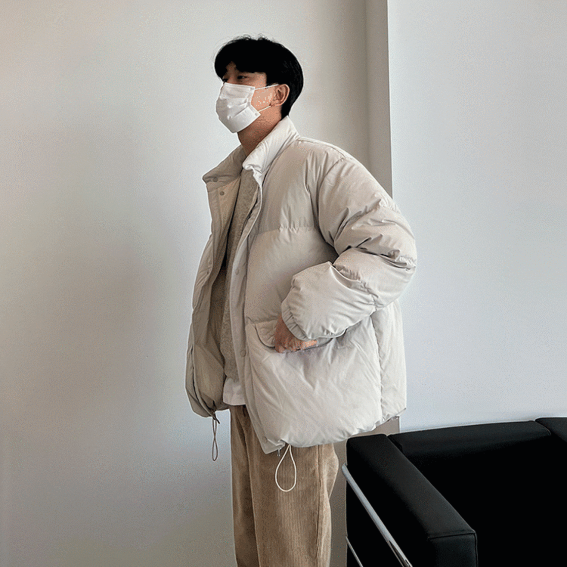 peak 韓国ダウンジャケット アイボリー　S スクエアデザインダウンジャケット【韓国ファッション】[品番