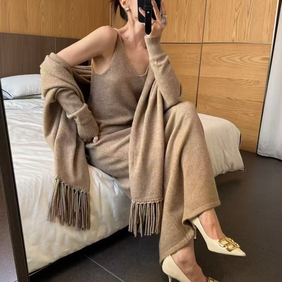 【set】フリンジニットストールxニットキャミソールxニットスカート3点セット K0513