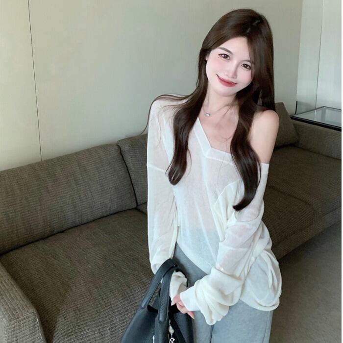 サマーニットブラウス ルーズシャツ トップス ロング 夏物 オフショルダー ドラファッションホール27770134663