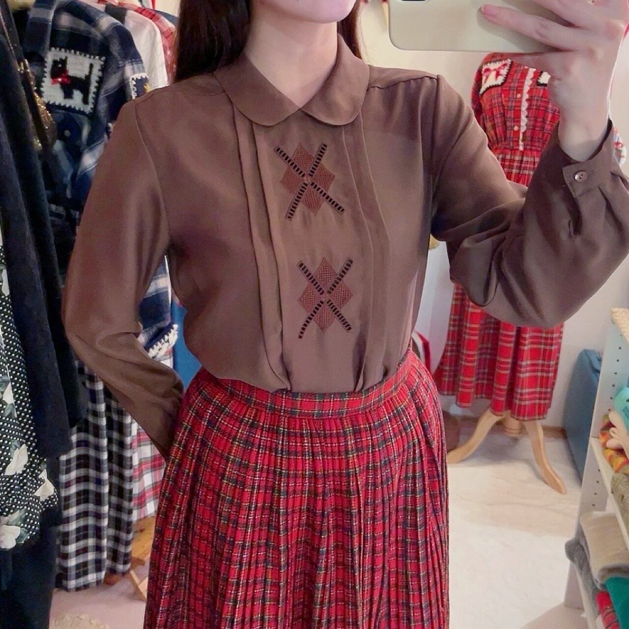 brown diamond back button blouse