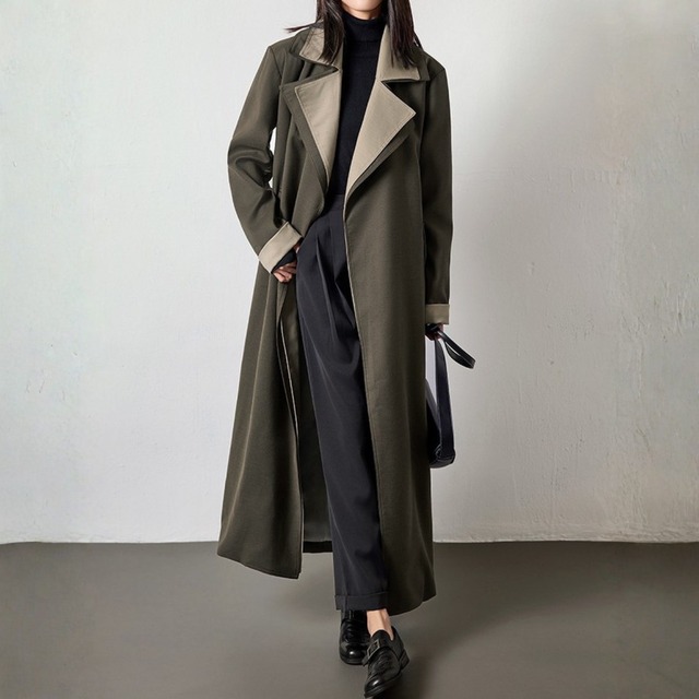 Color block elegant long trench coat
