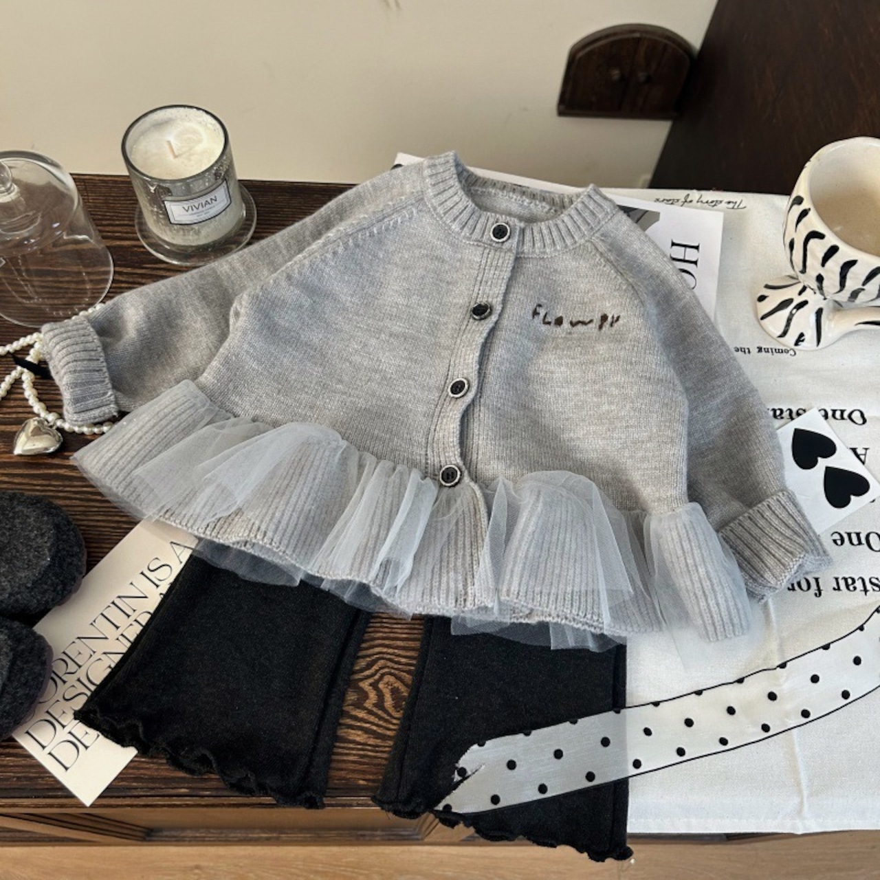 春チュール裾カーディガン