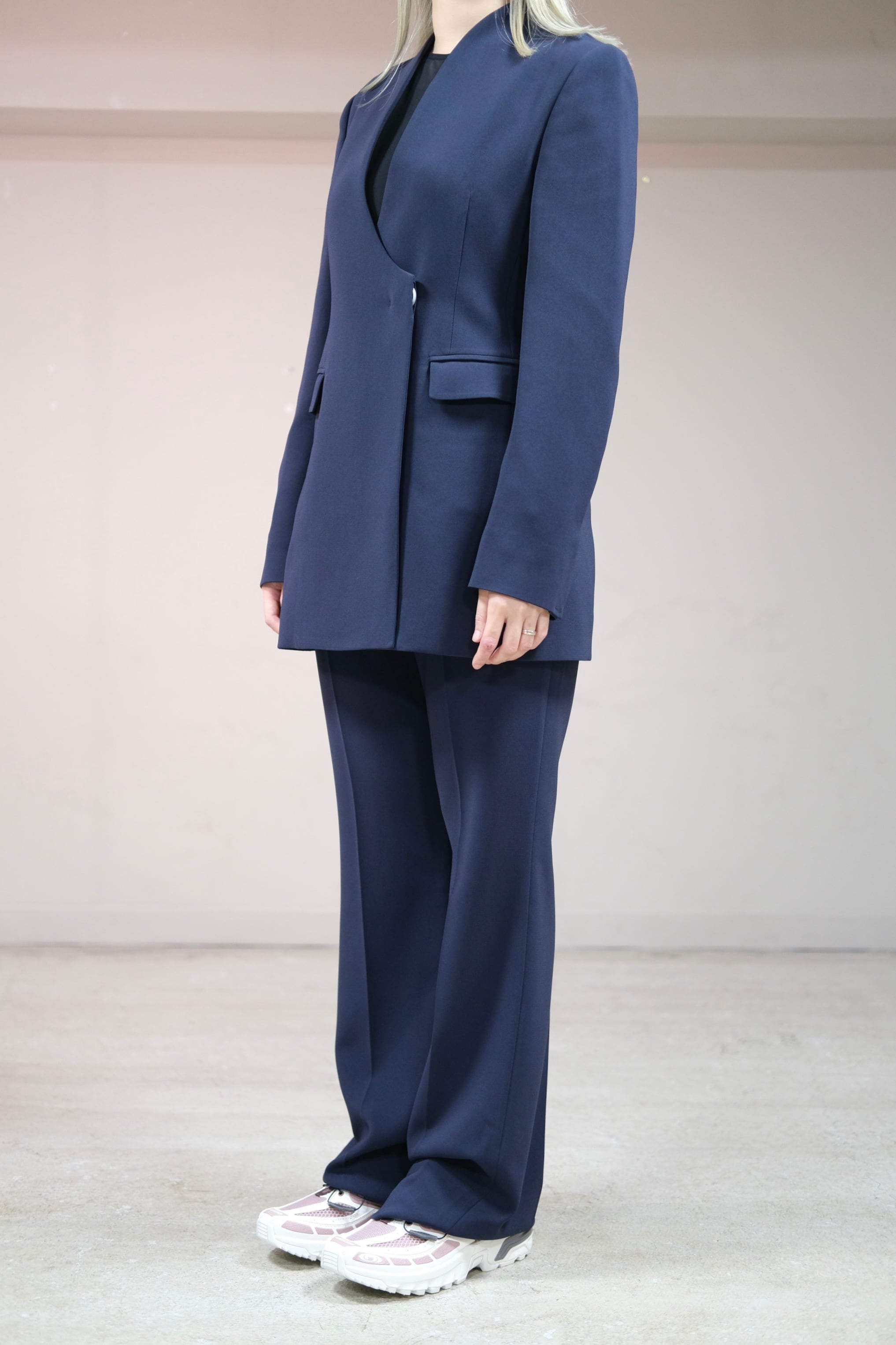 マメ クロゴウチ Collarless Double Breasted Suit Jacket navy Mame Kurogouchi】Acetate Polyester Collarless Double