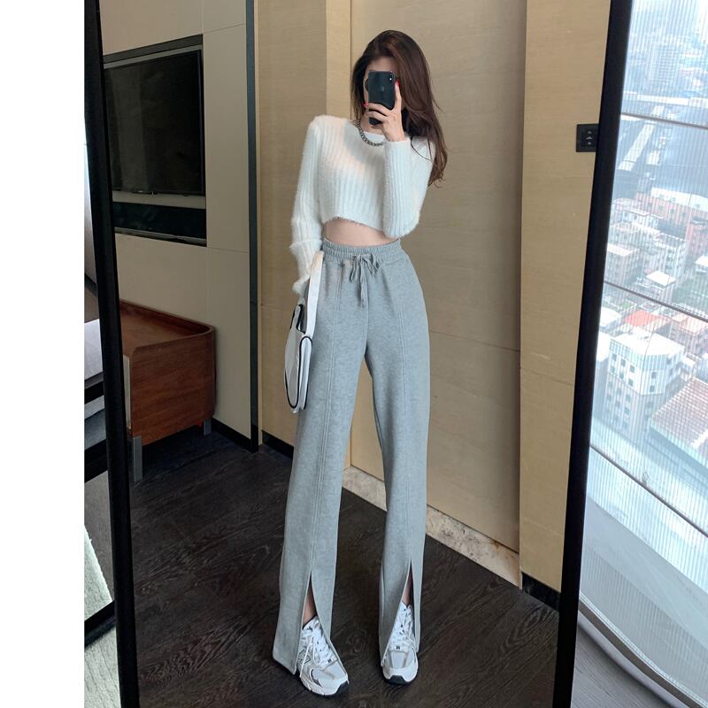 カジュアルパンツ ハイウェストウェスト薄手ルーズワイドレッグレディース レッド ワイドパンツ ドラファッションホール83022647198