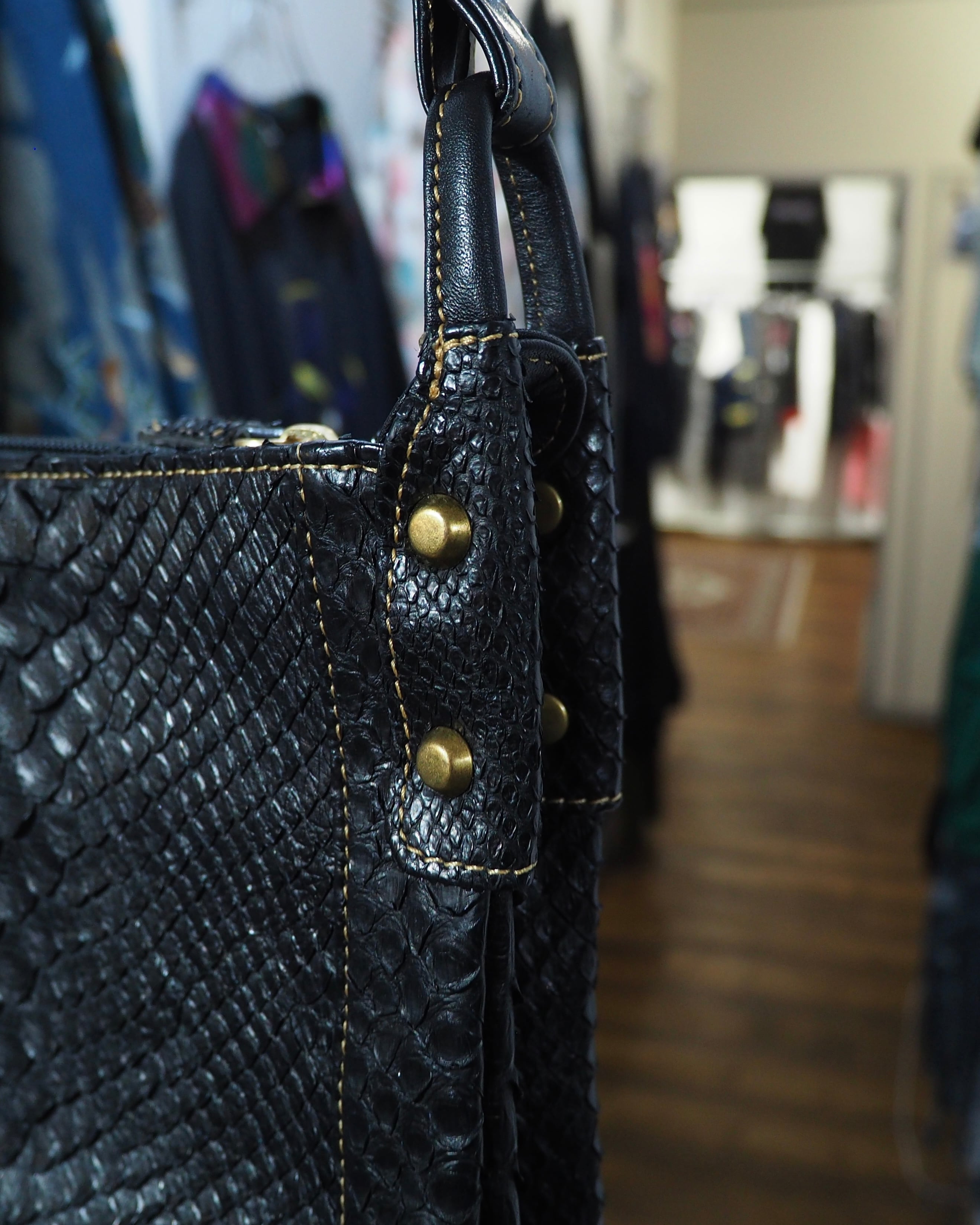 1990s ” MONTOWA ” Black Python leather Weaving vintage Shoulder Bag