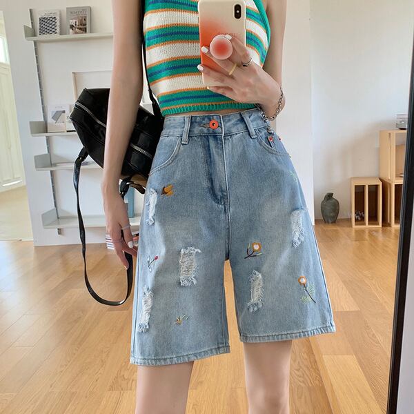 【新作】【送料無料】 女性用破れた5点デニムショートパンツ、トレンディなインハイウエスト、夏用薄い2022新しいルーズでスリムなストレートミッドパンツ 0398143626154