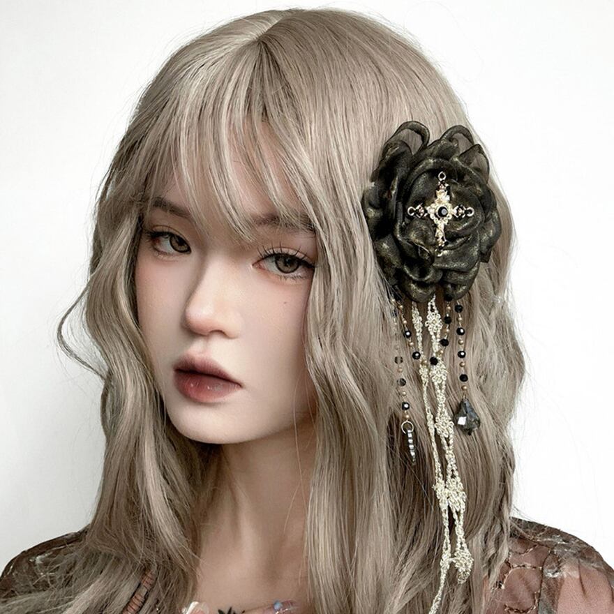 ライブ 推し活に】 ヘアアクセサリー 薔薇 メタルチェーン ビーズ