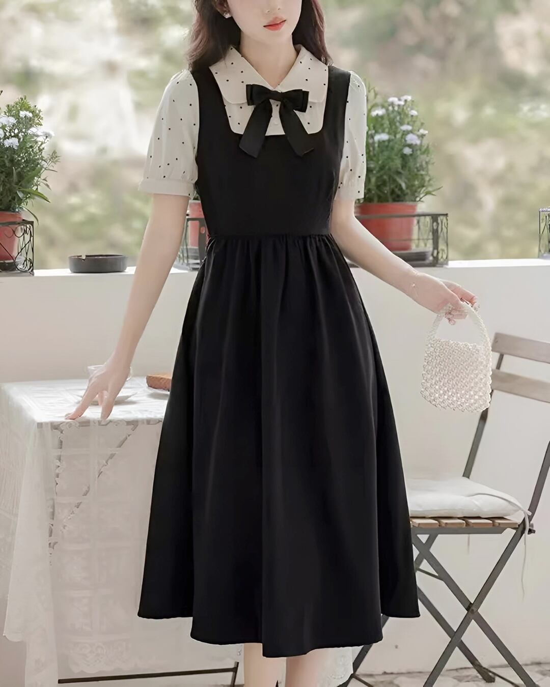 ブラックドットリボンワンピース 2408001