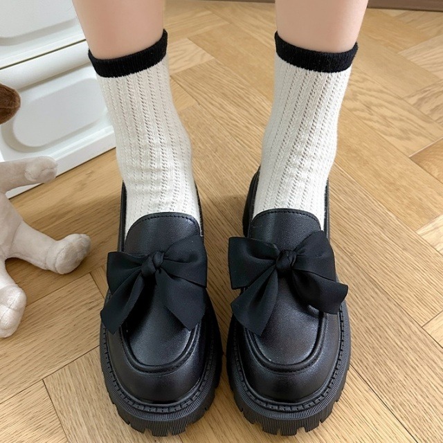 予約販売】ローファー レディース 厚底 革靴 レザー ブラック ガーリー 